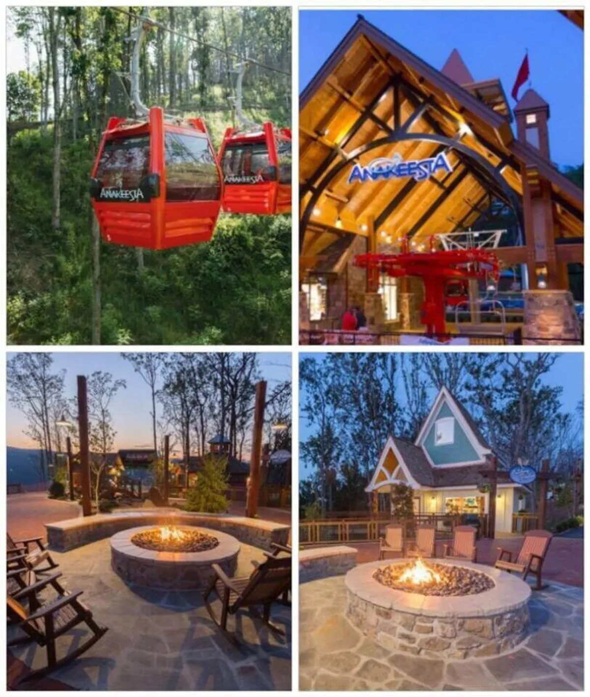 An outdoor communal space featuring striking red gondolas, a rustic stone fire pit, wooden seating, and a scenic mountain backdrop. Families and friends are pictured socializing and relaxing, basking in the mountain atmosphere and panoramic views.