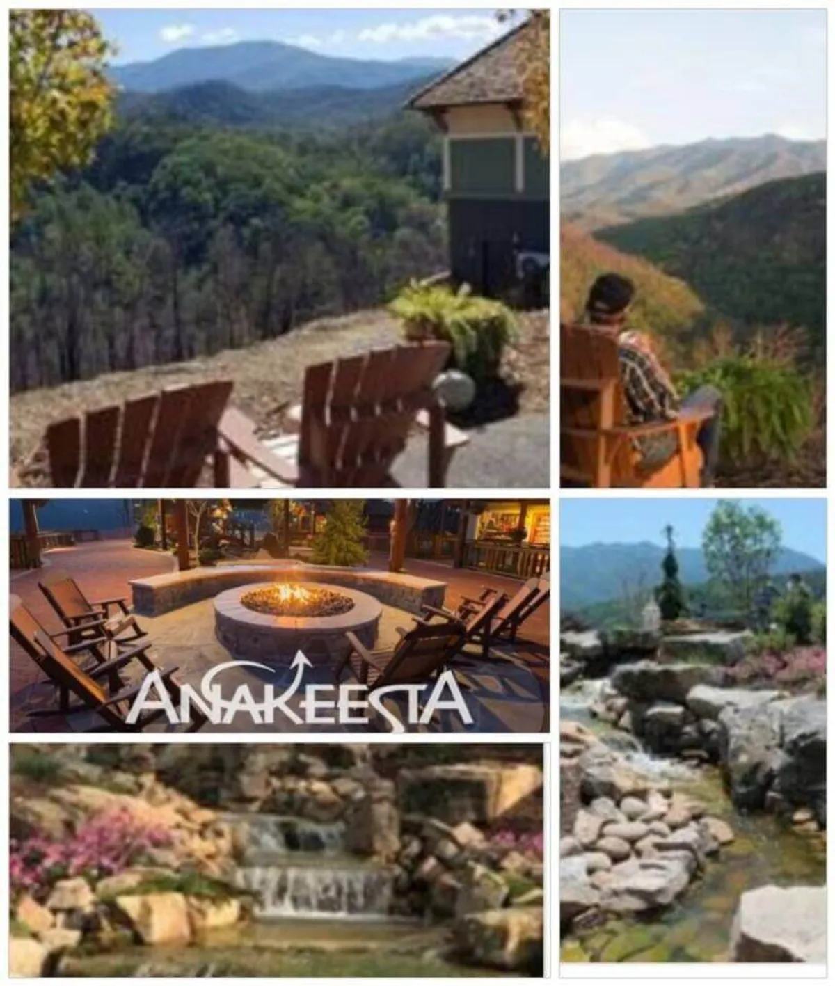 A serene mountain landscape with lush greenery, wooden chairs facing a fire pit, a small waterfall, and a tranquil atmosphere perfect for quiet moments. The inviting setup encourages relaxation and enjoying nature's beauty together.