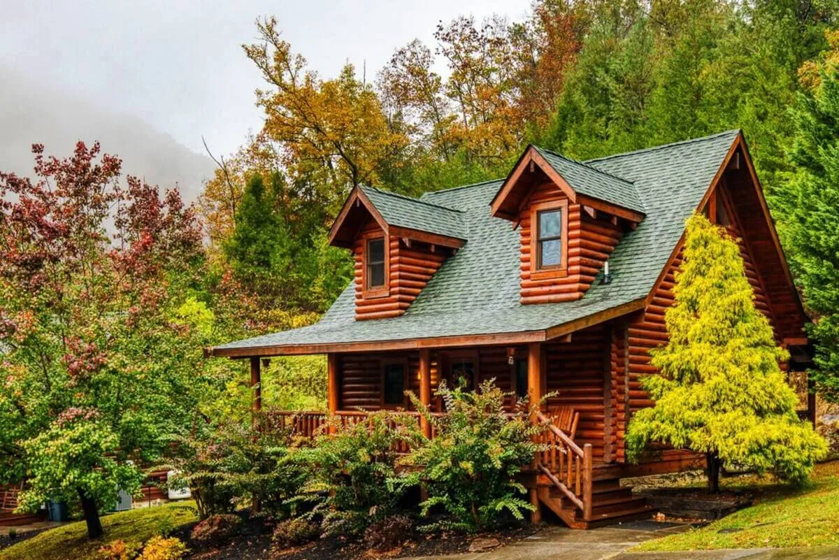 The image showcases a charming log cabin nestled among tall, leafy trees. The inviting front porch features wooden rocking chairs, perfect for relaxing and enjoying the peaceful natural surroundings. Warm, ambient lighting glows from inside the cabin, enhancing the cozy and welcoming ambiance. The cabin sits privately amidst lush greenery, hinting at serene mornings and tranquil evenings.